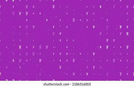 Seamless background pattern of evenly spaced white tugrik symbols of different sizes and opacity. Vector illustration on purple background with stars