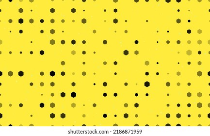 Seamless background pattern of evenly spaced black hexagon symbols of different sizes and opacity. Vector illustration on yellow background with stars