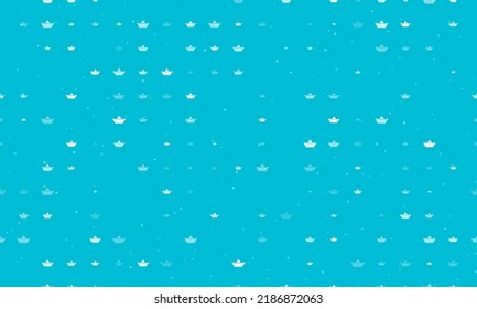Seamless background pattern of evenly spaced white paper boat symbols of different sizes and opacity. Vector illustration on cyan background with stars
