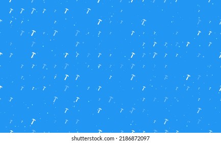 Seamless background pattern of evenly spaced white hammer symbols of different sizes and opacity. Vector illustration on blue background with stars