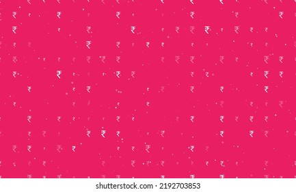 Seamless background pattern of evenly spaced white indian rupee symbols of different sizes and opacity. Vector illustration on pink background with stars
