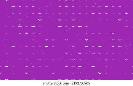 Seamless background pattern of evenly spaced white bat symbols of different sizes and opacity. Vector illustration on purple background with stars