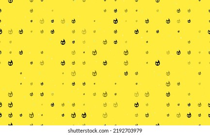 Seamless background pattern of evenly spaced black fire symbols of different sizes and opacity. Vector illustration on yellow background with stars