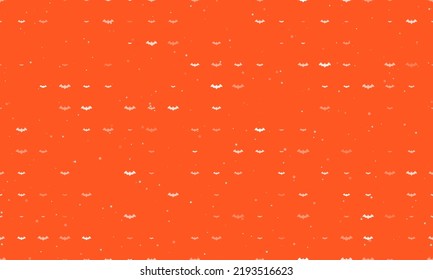 Seamless background pattern of evenly spaced white bat symbols of different sizes and opacity. Vector illustration on deep orange background with stars