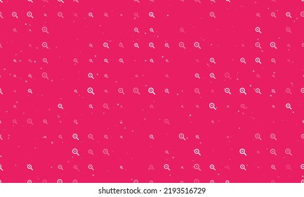 Seamless background pattern of evenly spaced white zoom in symbols of different sizes and opacity. Vector illustration on pink background with stars