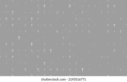 Seamless background pattern of evenly spaced white tenge symbols of different sizes and opacity. Vector illustration on grey background with stars