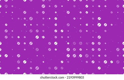 Seamless background pattern of evenly spaced white pill symbols of different sizes and opacity. Vector illustration on purple background with stars