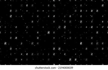 Seamless background pattern of evenly spaced white hryvnia symbols of different sizes and opacity. Vector illustration on black background with stars