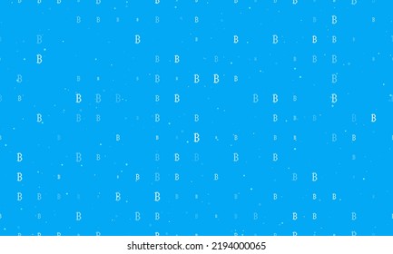 Seamless background pattern of evenly spaced white bitcoin symbols of different sizes and opacity. Vector illustration on light blue background with stars