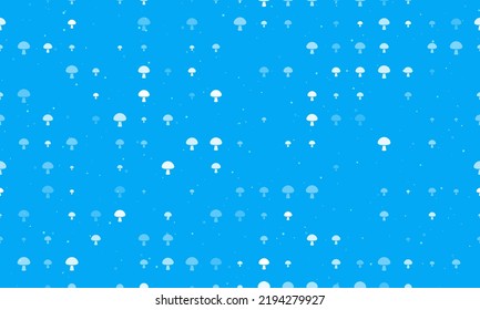 Seamless background pattern of evenly spaced white mushroom symbols of different sizes and opacity. Vector illustration on light blue background with stars