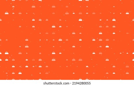 Seamless background pattern of evenly spaced white sports bag symbols of different sizes and opacity. Vector illustration on deep orange background with stars