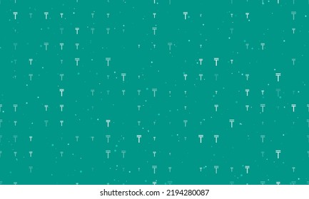 Seamless background pattern of evenly spaced white tenge symbols of different sizes and opacity. Vector illustration on teal background with stars