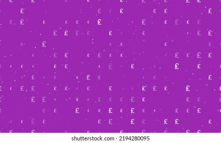 Seamless background pattern of evenly spaced white lira symbols of different sizes and opacity. Vector illustration on purple background with stars
