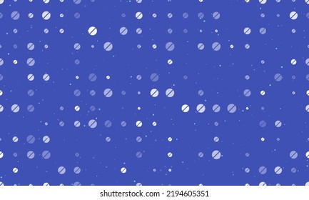 Seamless background pattern of evenly spaced white pill symbols of different sizes and opacity. Vector illustration on indigo background with stars