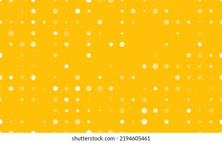 Seamless background pattern of evenly spaced white hexagon symbols of different sizes and opacity. Vector illustration on amber background with stars