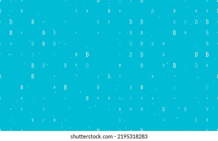 Seamless background pattern of evenly spaced white bitcoin symbols of different sizes and opacity. Vector illustration on cyan background with stars