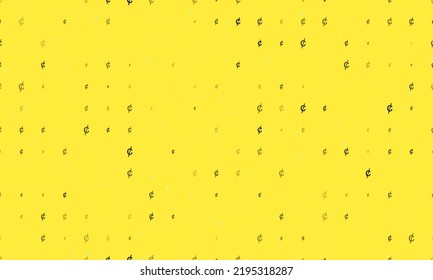 Seamless background pattern of evenly spaced black cent symbols of different sizes and opacity. Vector illustration on yellow background with stars