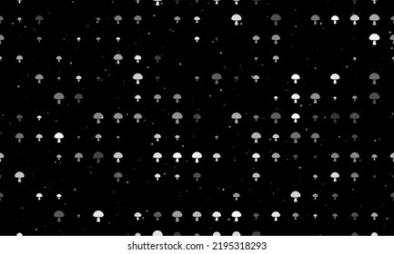 Seamless background pattern of evenly spaced white mushroom symbols of different sizes and opacity. Vector illustration on black background with stars