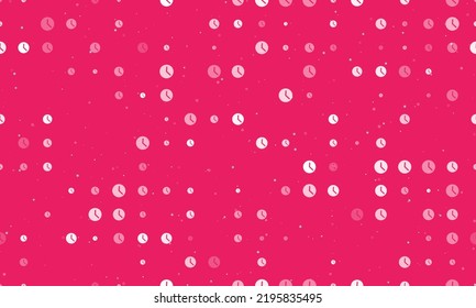Seamless background pattern of evenly spaced white time symbols of different sizes and opacity. Vector illustration on pink background with stars