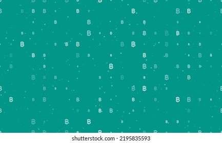 Seamless background pattern of evenly spaced white thai baht symbols of different sizes and opacity. Vector illustration on teal background with stars