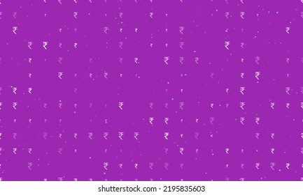 Seamless background pattern of evenly spaced white indian rupee symbols of different sizes and opacity. Vector illustration on purple background with stars