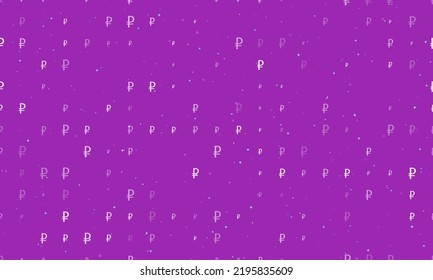 Seamless background pattern of evenly spaced white ruble symbols of different sizes and opacity. Vector illustration on purple background with stars