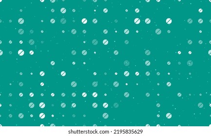 Seamless background pattern of evenly spaced white pill symbols of different sizes and opacity. Vector illustration on teal background with stars