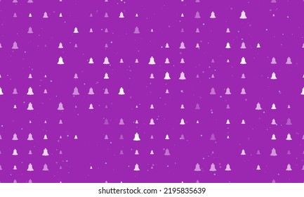 Seamless background pattern of evenly spaced white vintage bell symbols of different sizes and opacity. Vector illustration on purple background with stars