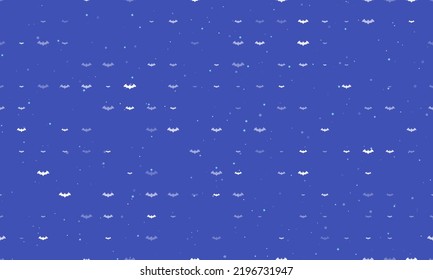 Seamless background pattern of evenly spaced white bat symbols of different sizes and opacity. Vector illustration on indigo background with stars