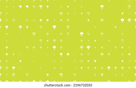 Seamless background pattern of evenly spaced white mushroom symbols of different sizes and opacity. Vector illustration on lime background with stars
