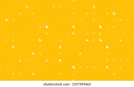 Seamless background pattern of evenly spaced white womens ice skates of different sizes and opacity. Vector illustration on amber background with stars