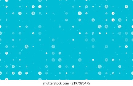 Seamless background pattern of evenly spaced white time symbols of different sizes and opacity. Vector illustration on cyan background with stars