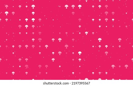 Seamless background pattern of evenly spaced white mushroom symbols of different sizes and opacity. Vector illustration on pink background with stars