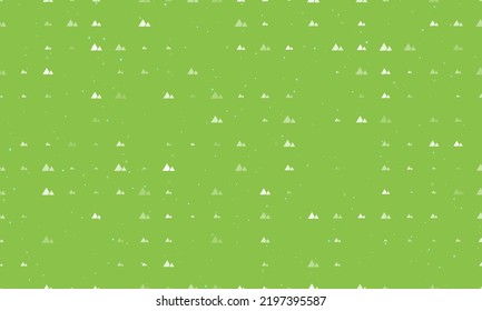 Seamless background pattern of evenly spaced white mountains symbols of different sizes and opacity. Vector illustration on light green background with stars