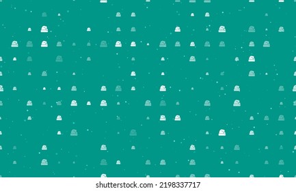 Seamless background pattern of evenly spaced white santa claus hat symbols of different sizes and opacity. Vector illustration on teal background with stars