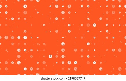 Seamless background pattern of evenly spaced white time symbols of different sizes and opacity. Vector illustration on deep orange background with stars