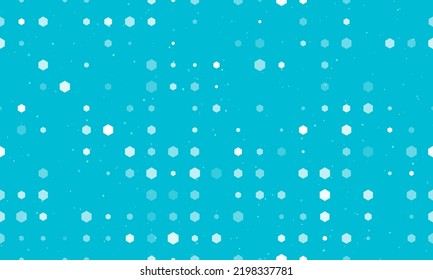 Seamless background pattern of evenly spaced white hexagon symbols of different sizes and opacity. Vector illustration on cyan background with stars
