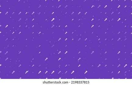 Seamless background pattern of evenly spaced white microphone symbols of different sizes and opacity. Vector illustration on deep purple background with stars