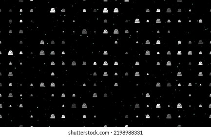 Seamless background pattern of evenly spaced white santa claus hat symbols of different sizes and opacity. Vector illustration on black background with stars