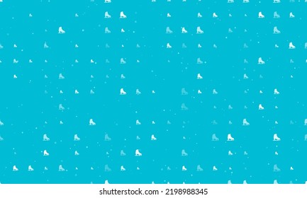 Seamless background pattern of evenly spaced white womens ice skates of different sizes and opacity. Vector illustration on cyan background with stars