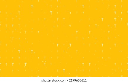Seamless background pattern of evenly spaced white tenge symbols of different sizes and opacity. Vector illustration on amber background with stars
