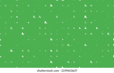 Seamless background pattern of evenly spaced white womens ice skates of different sizes and opacity. Vector illustration on green background with stars