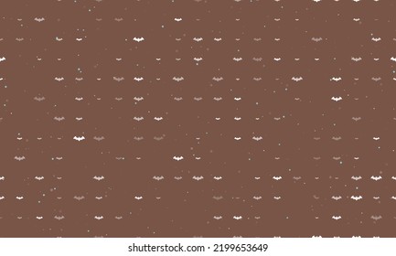 Seamless background pattern of evenly spaced white bat symbols of different sizes and opacity. Vector illustration on brown background with stars