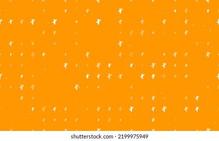 Seamless background pattern of evenly spaced white cactus symbols of different sizes and opacity. Vector illustration on orange background with stars