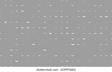 Seamless background pattern of evenly spaced white bat symbols of different sizes and opacity. Vector illustration on gray background with stars