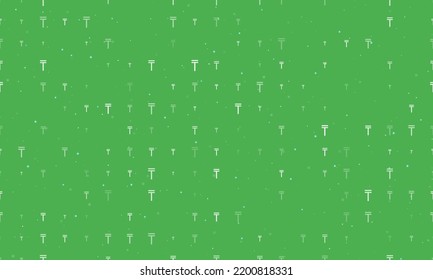 Seamless background pattern of evenly spaced white tenge symbols of different sizes and opacity. Vector illustration on green background with stars