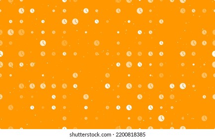 Seamless background pattern of evenly spaced white time symbols of different sizes and opacity. Vector illustration on orange background with stars