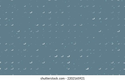 Seamless background pattern of evenly spaced white caterpillar symbols of different sizes and opacity. Vector illustration on blue gray background with stars