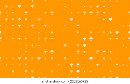 Seamless background pattern of evenly spaced white mushroom symbols of different sizes and opacity. Vector illustration on orange background with stars