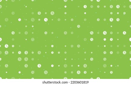 Seamless background pattern of evenly spaced white time symbols of different sizes and opacity. Vector illustration on light green background with stars